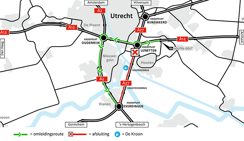 Omleidingskaart tijdens werkzaamheden A27 richting Breda van vrijdag 12 juli tot maandag 15 juli tussen knooppunt Lunetten en knooppunt Everdingen